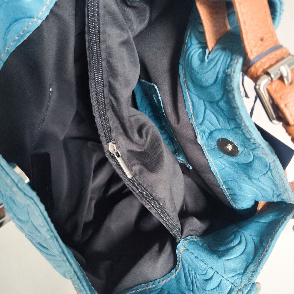 New Massimo Castelli Shoulder Bag Rose Textured Leather Convertible Teal Tan Bag - Picture 12 of 14